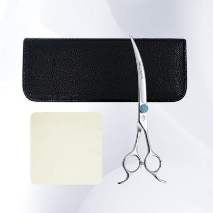 Fenice Totem big arc dog grooming shears demonstrating versatile up and down handling design.