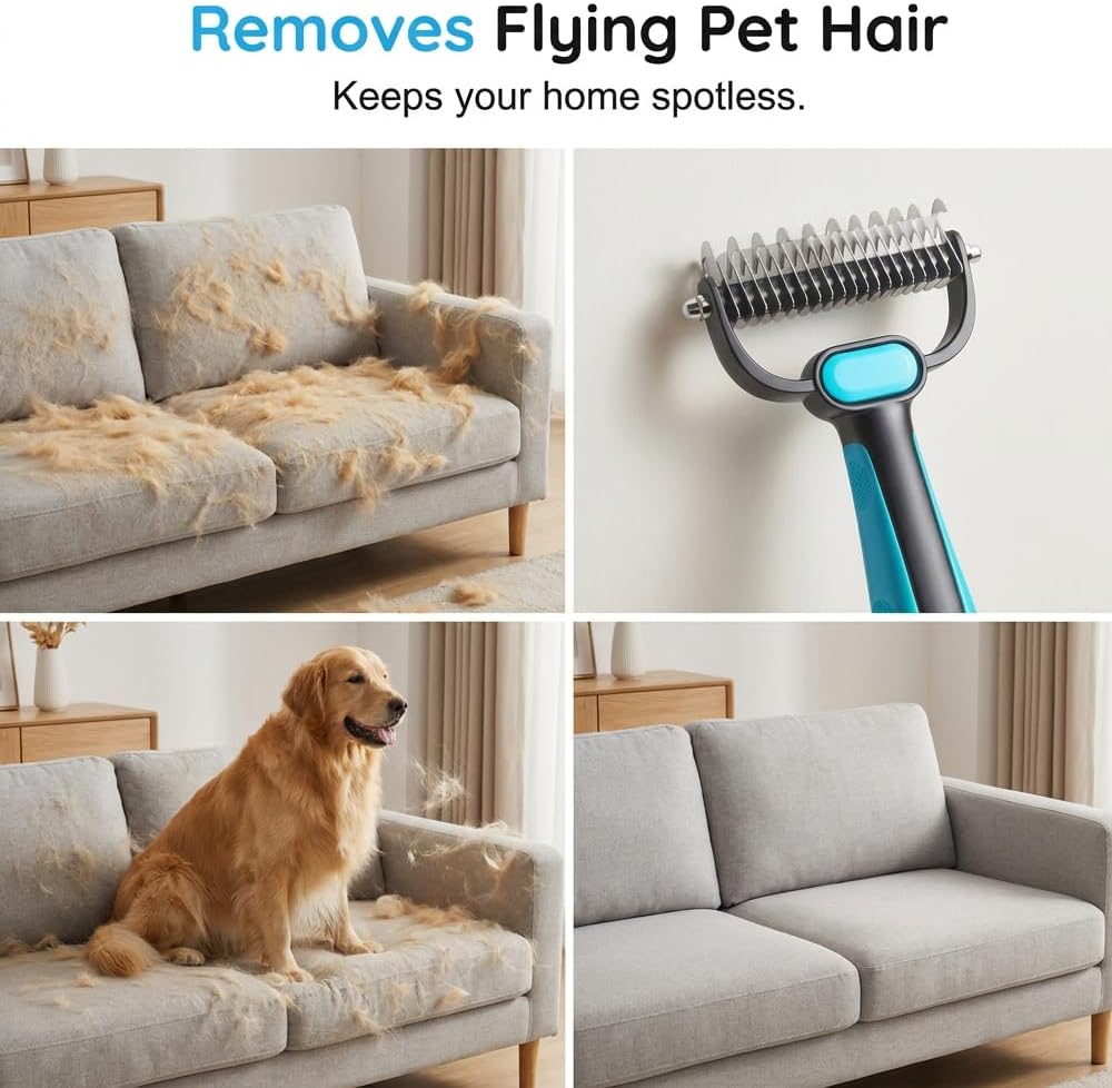 Commema grooming rake being used on a long hair dog