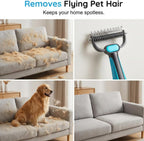 Commema grooming rake being used on a long hair dog