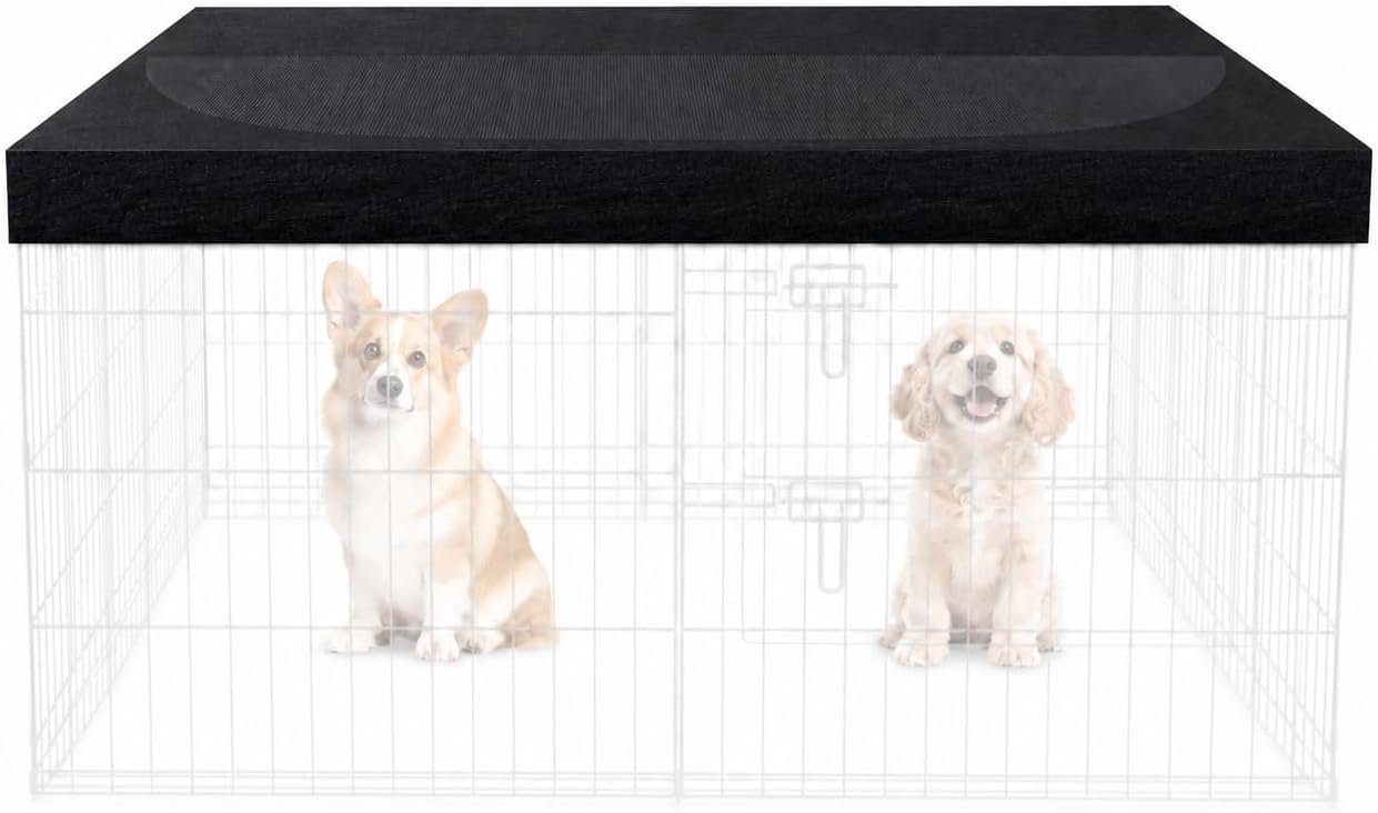 Peekaboo square dog playpen top cover front view showing the waterproof fabric and mesh material.