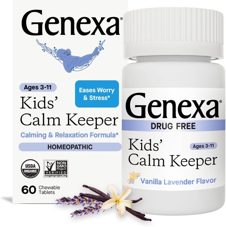 Genexa Kid's Calm Keeper 60 chewable tablets front bottle view for stress relief.