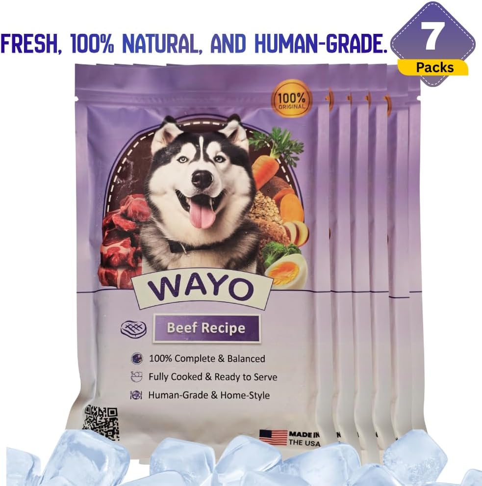 Human-grade dog food ingredients display for WaYo beef meal
