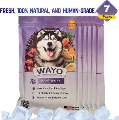 Human-grade dog food ingredients display for WaYo beef meal
