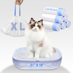 Premium high density polyethylene cat litter bags unrolled next to a large cat pan