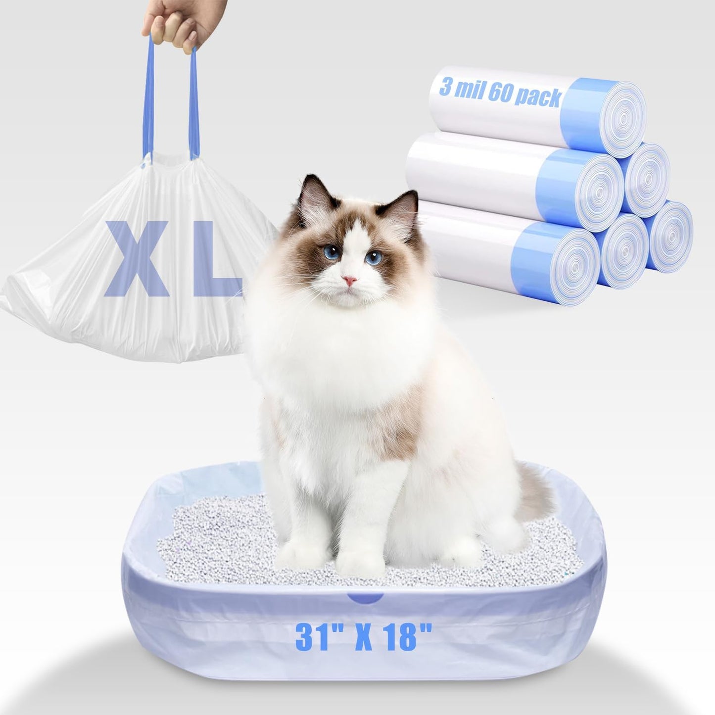 Premium high density polyethylene cat litter bags unrolled next to a large cat pan
