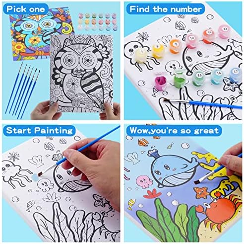 Close up view of the eighteen vibrant non-toxic acrylic paint pots and six assorted art paintbrushes included in the kit.