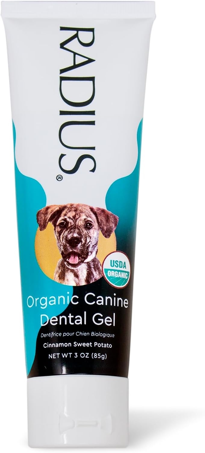 Radius organic dog dental gel tube with ingredients label