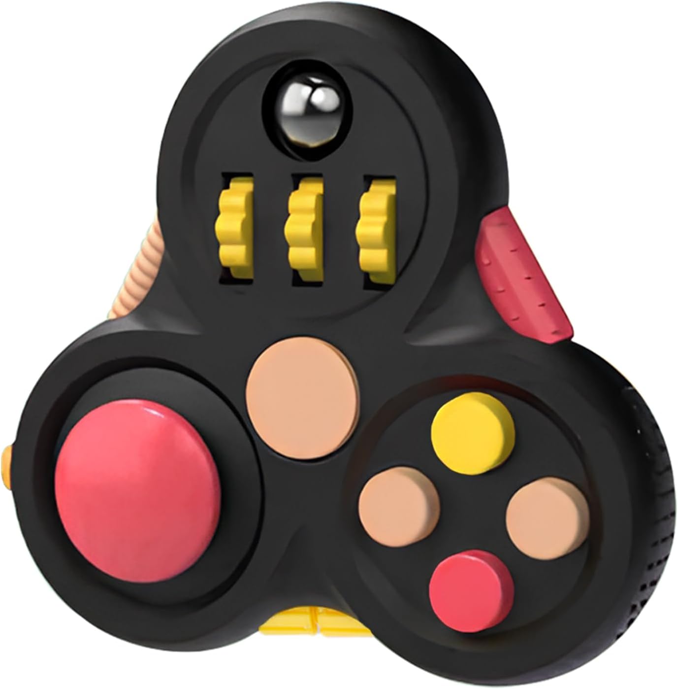 Yrissmiss fidget pad for adults front view showing black controller buttons and central metal ball spinner.