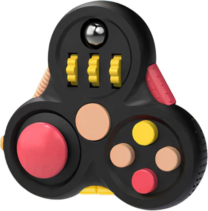 Yrissmiss fidget pad for adults front view showing black controller buttons and central metal ball spinner.