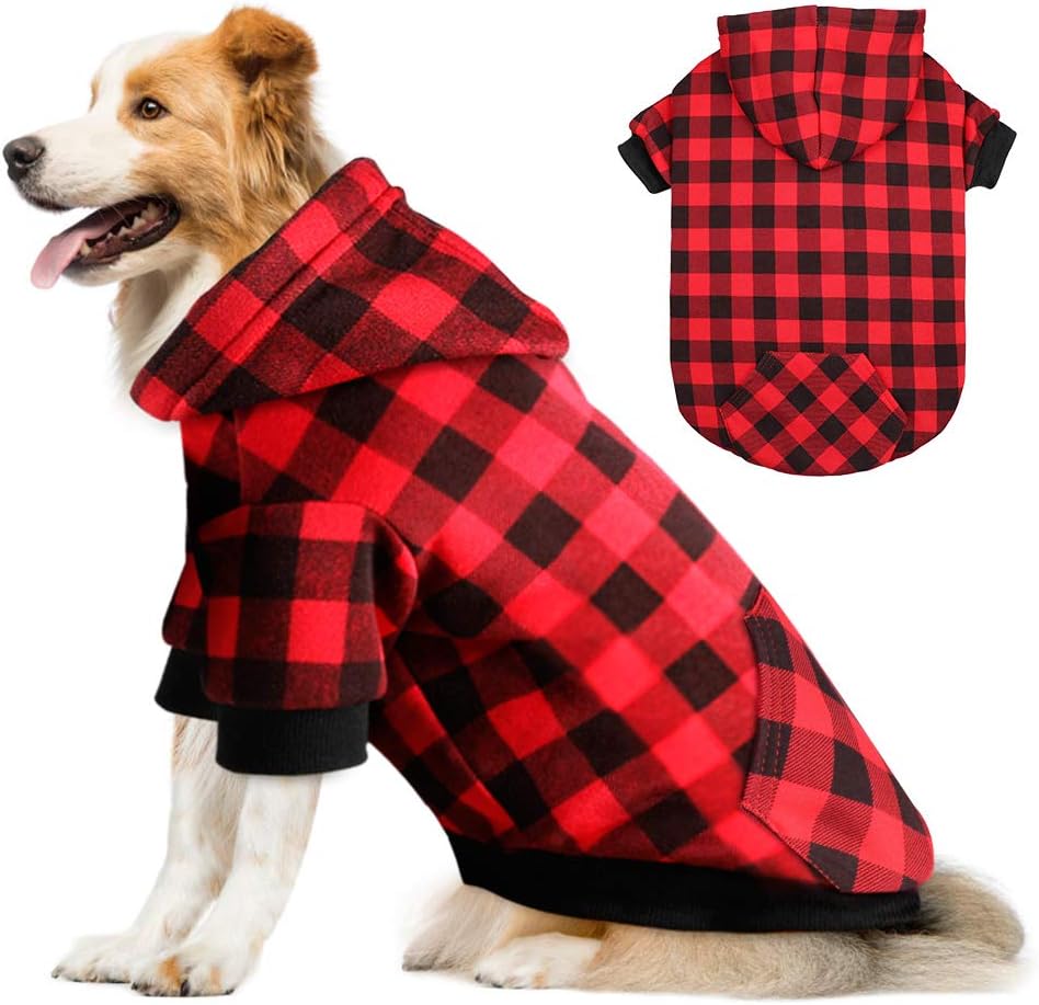Red Plaid Dog Hoodie Sweater for Dogs Pet Clothes with Hat and PocketXL - Image 9