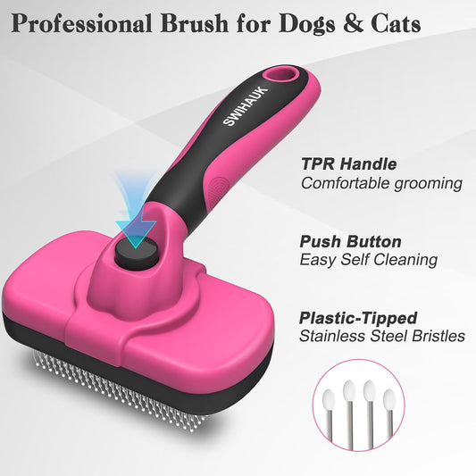 Swihauk pet deshedding brush showing the retractable bristle mechanism button