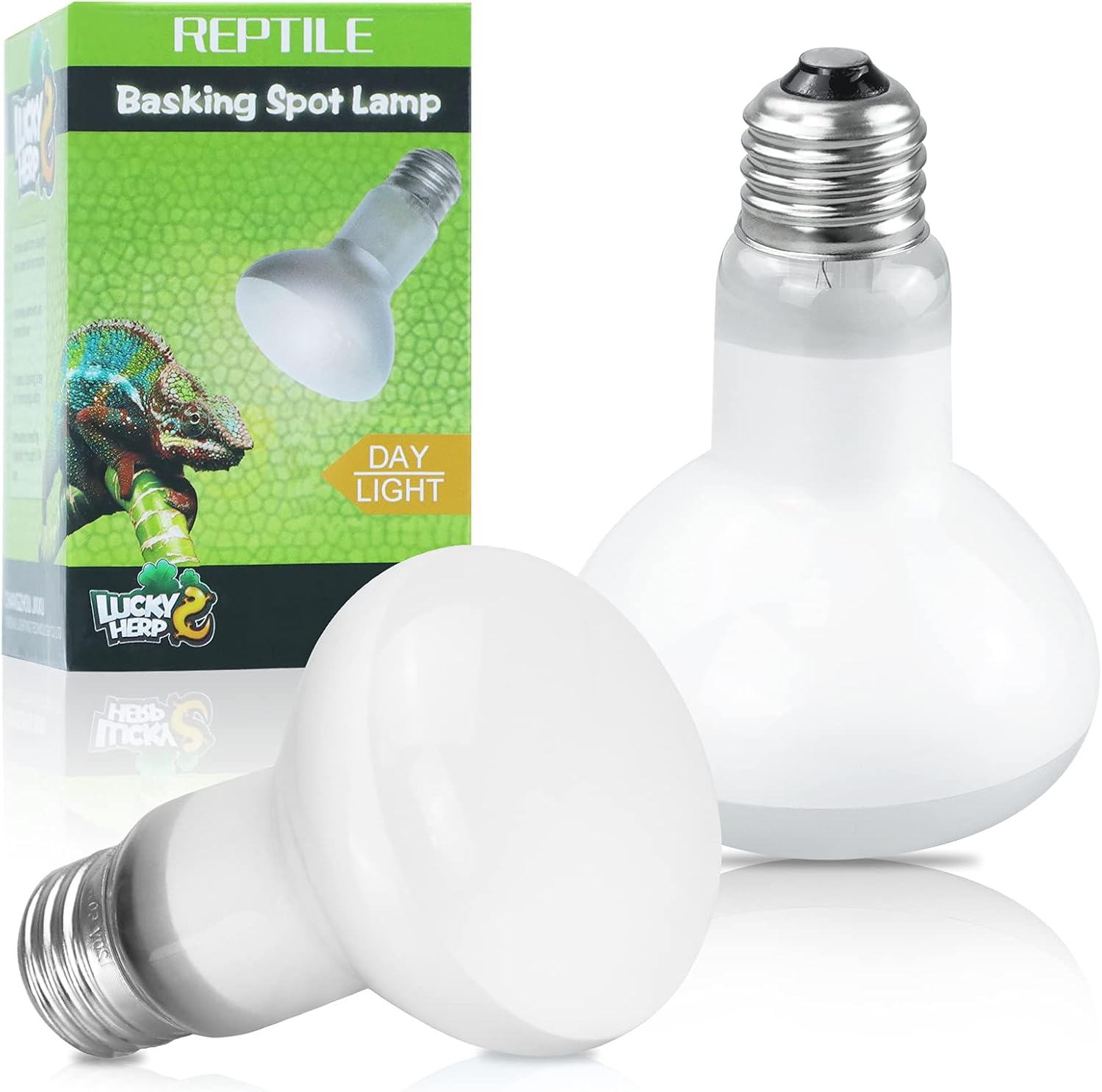 LUCKY HERP reptile heat lamp 100W front view showing the 2 pack premium white frosted glass basking bulbs.