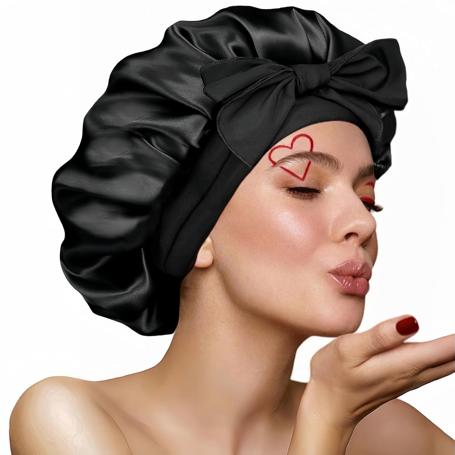 VECIIR satin silk bonnet front view on a model showing the adjustable black tie band for curly hair protection.