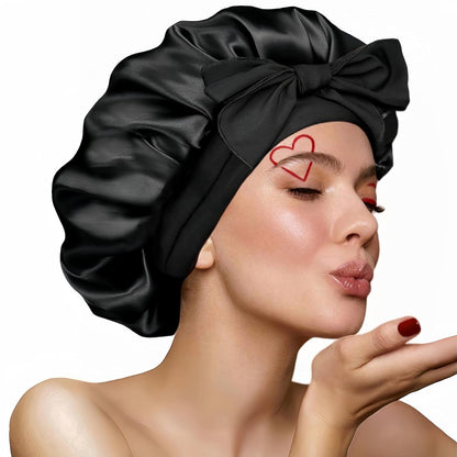VECIIR satin silk bonnet front view on a model showing the adjustable black tie band for curly hair protection.