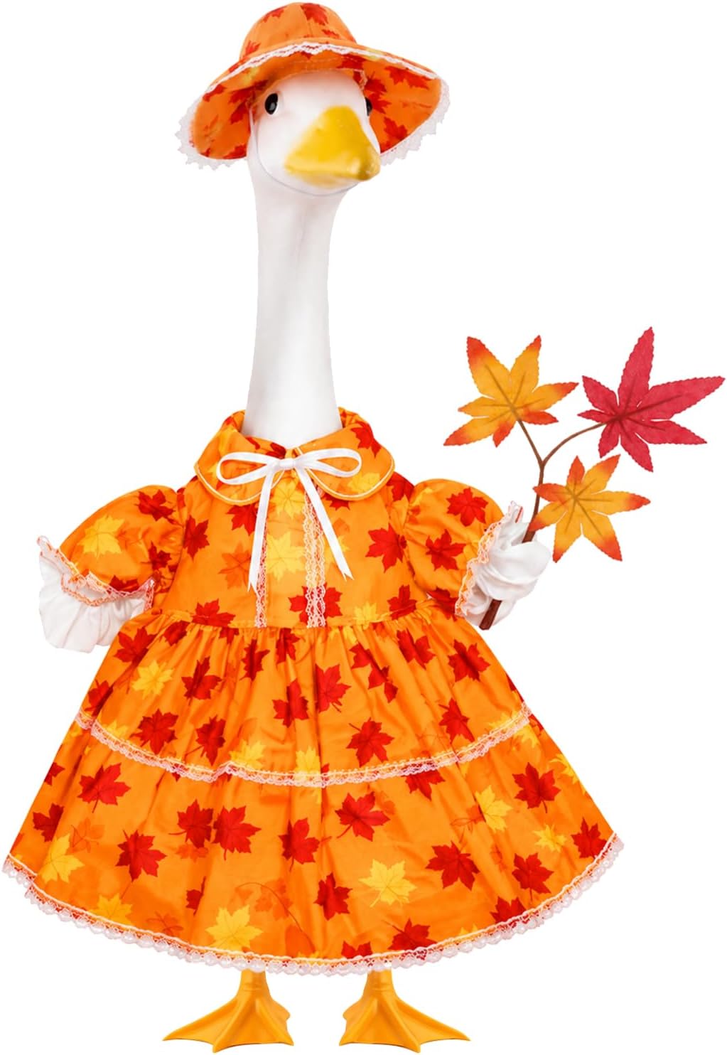 Soulchen fall maple leaves porch goose outfit front view on a lawn statue