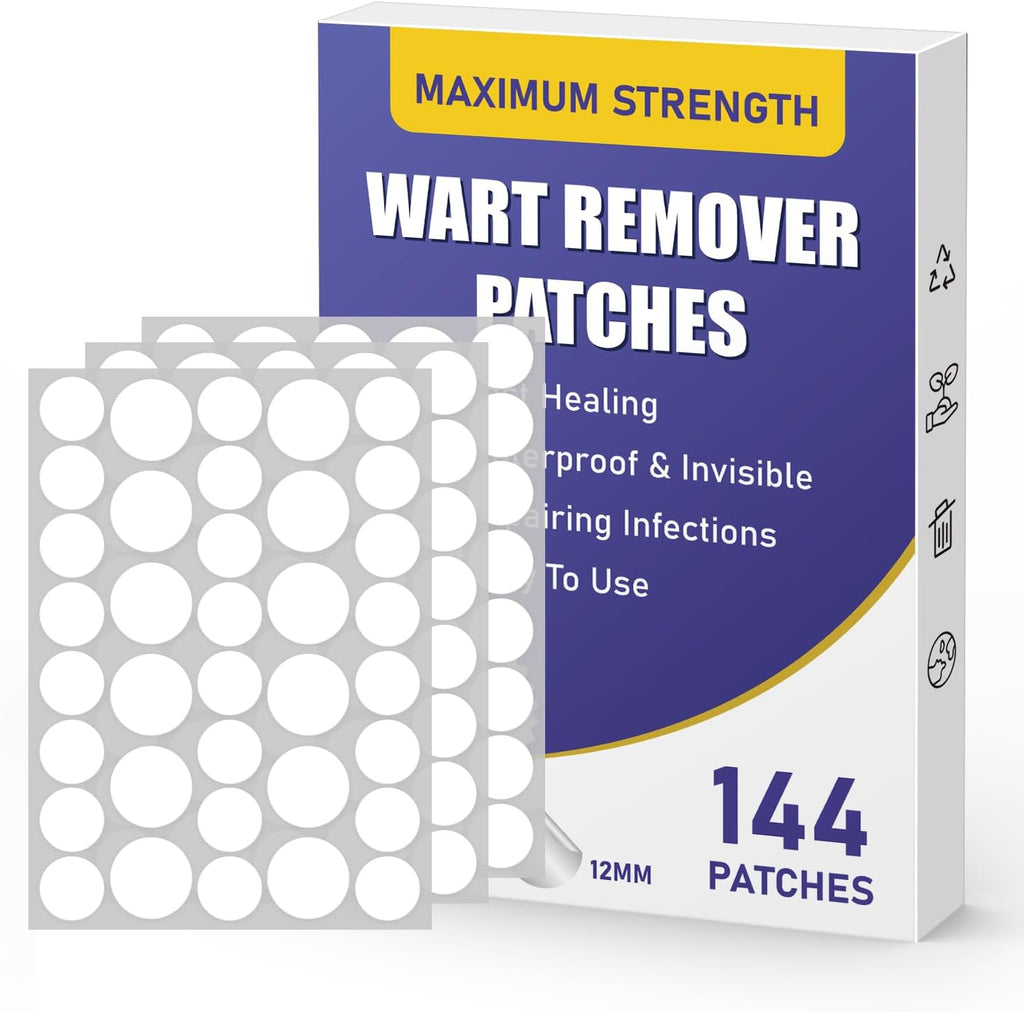 WABRINY Maximum Strength Wart Remover Patches front packaging showing 144 count count and hydrocolloid benefits.