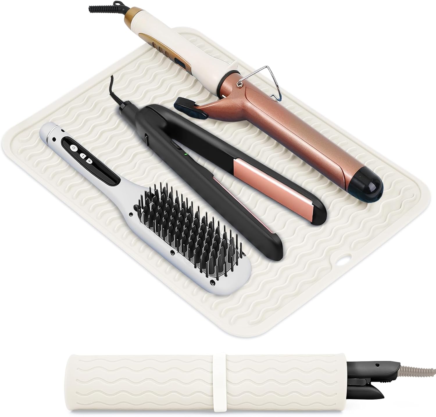 Suafrnut oversize silicone heat resistant mat front view showing white textured protective surface for hot hair styling tools
