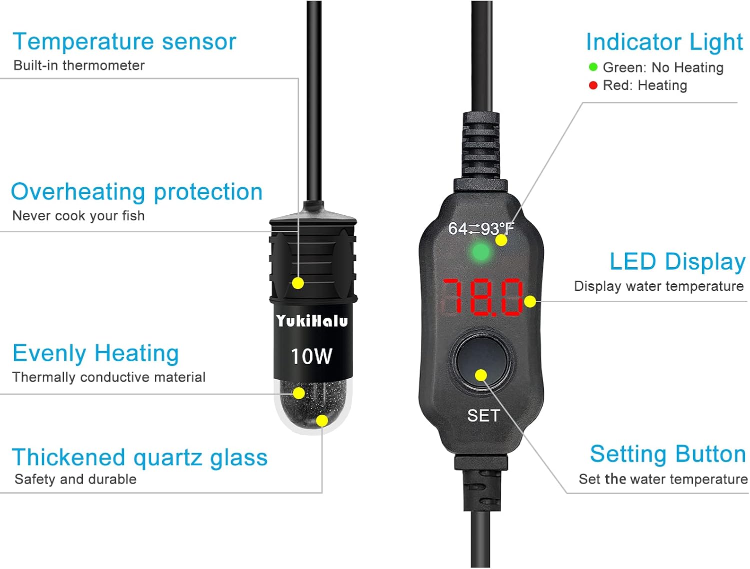 Submersible 10W heater for 1 gallon tank with USB connector