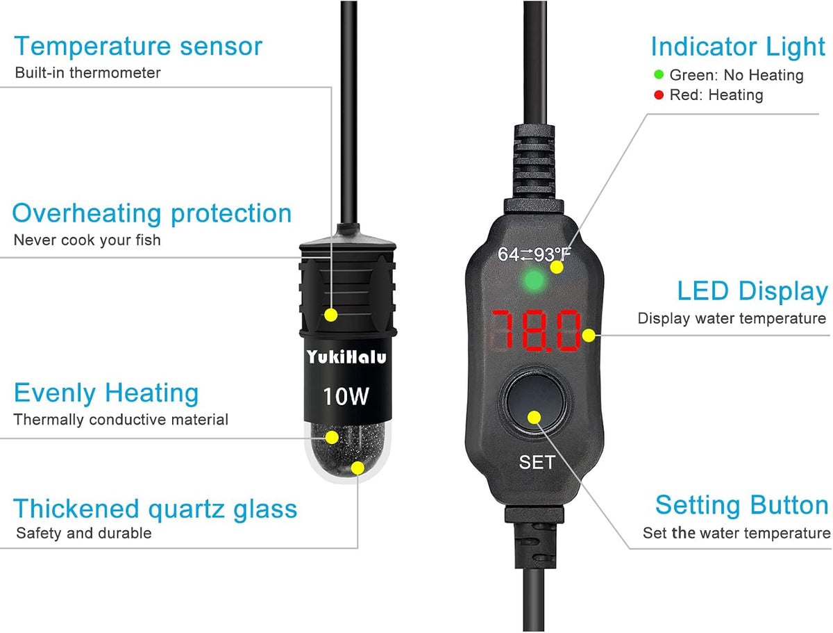 YukiHalu desktop aquarium heater showing external temperature buttons