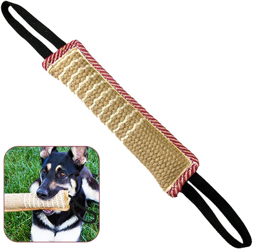 ToLanbbt dog tug toy front view showing pink and yellow jute bite pillow with two handles