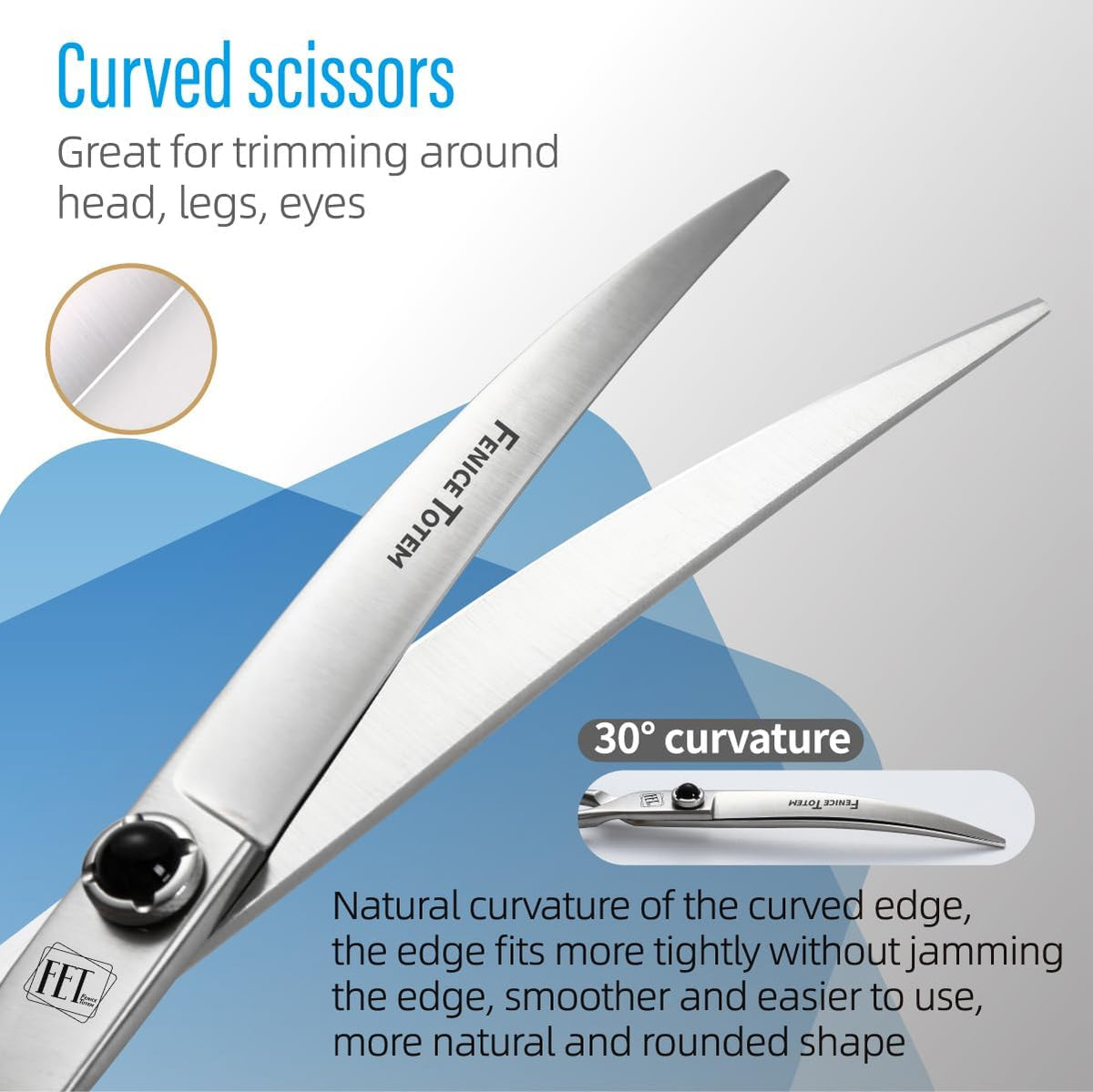 Fenice Totem pet grooming shears close up of the adjustable decorative tension screw assembly.