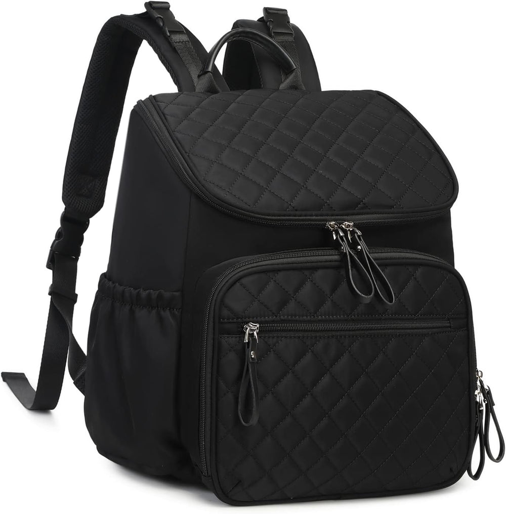 LORADI diaper bag backpack front view in black nylon