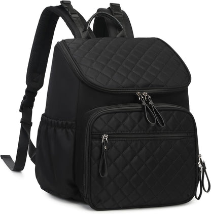 LORADI diaper bag backpack front view in black nylon showing insulated pockets