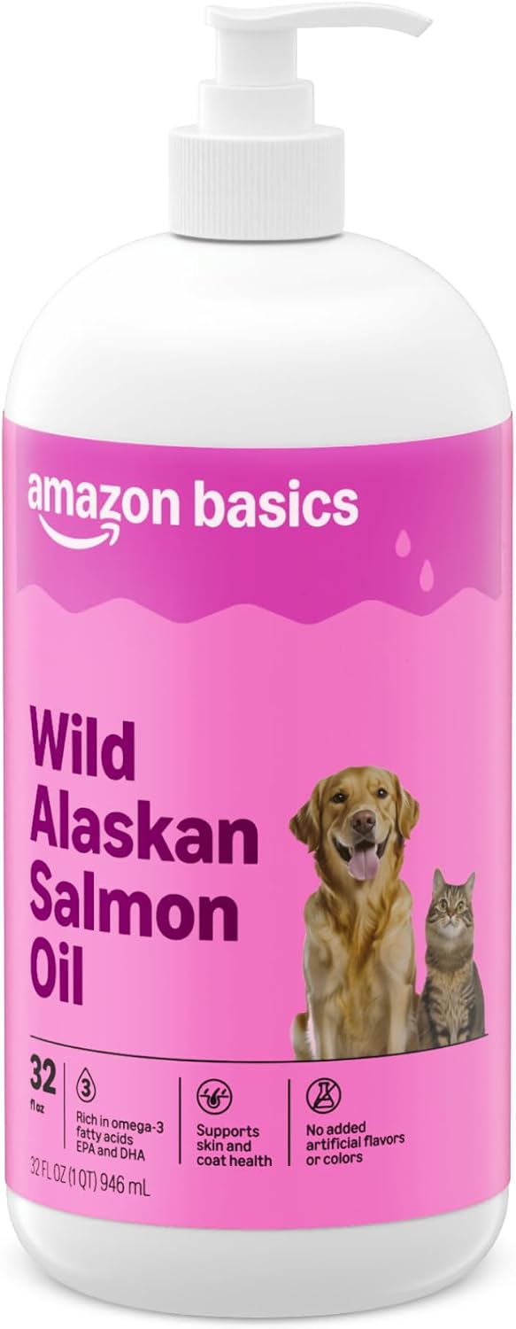 Authentic imported Amazon brand salmon oil 16oz packaging for cats and dogs wellness.