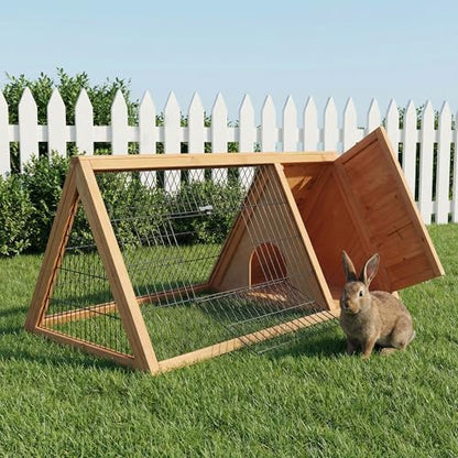 PawHut 46" x 24" Wooden A-Frame Outdoor Rabbit Hutch, Small Animal Cage, Bunny Hutch with Outside Run & Ventilating Wire, Yellow - Image 7