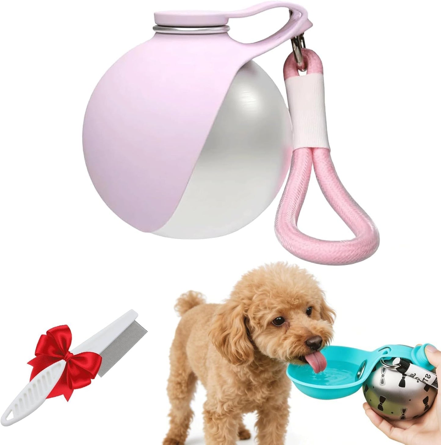 MiOYOOW portable dog water bottle front view showing pink foldable silicone bowl