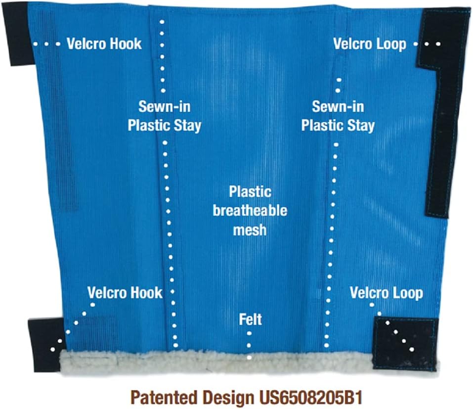 Blue SHOOFLY equestrian leg protectors for horse fly bite prevention.
