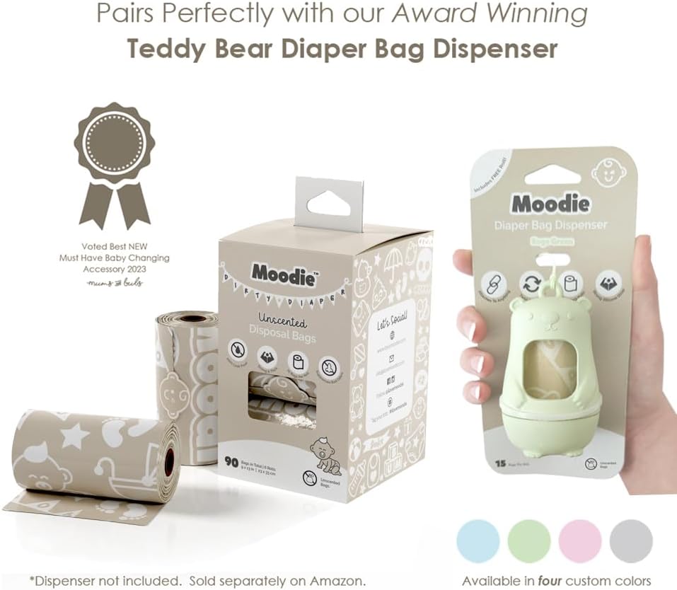 Moodie cute baby diaper trash bag dispenser clipped onto stroller handle