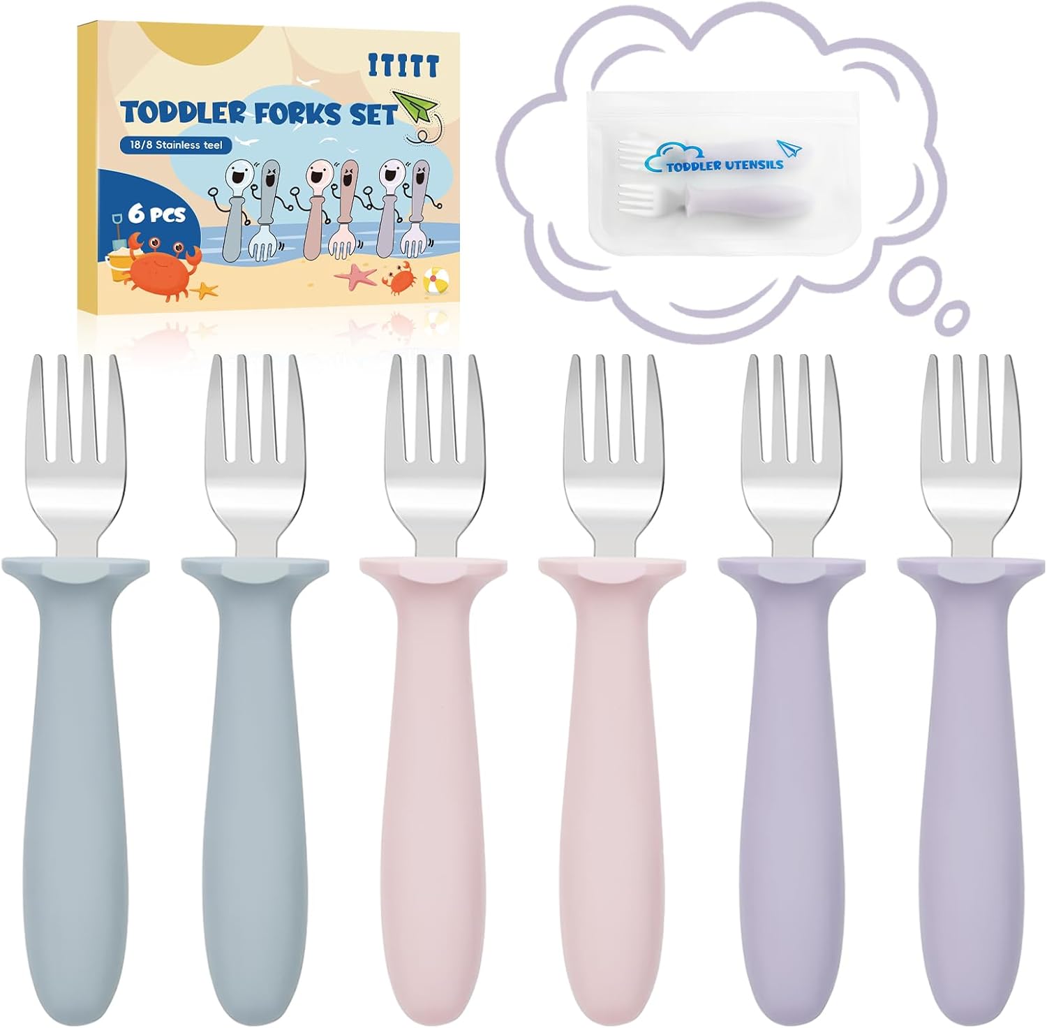 ITITT toddler forks set front view showing six colorful silicone handles and stainless steel prongs.