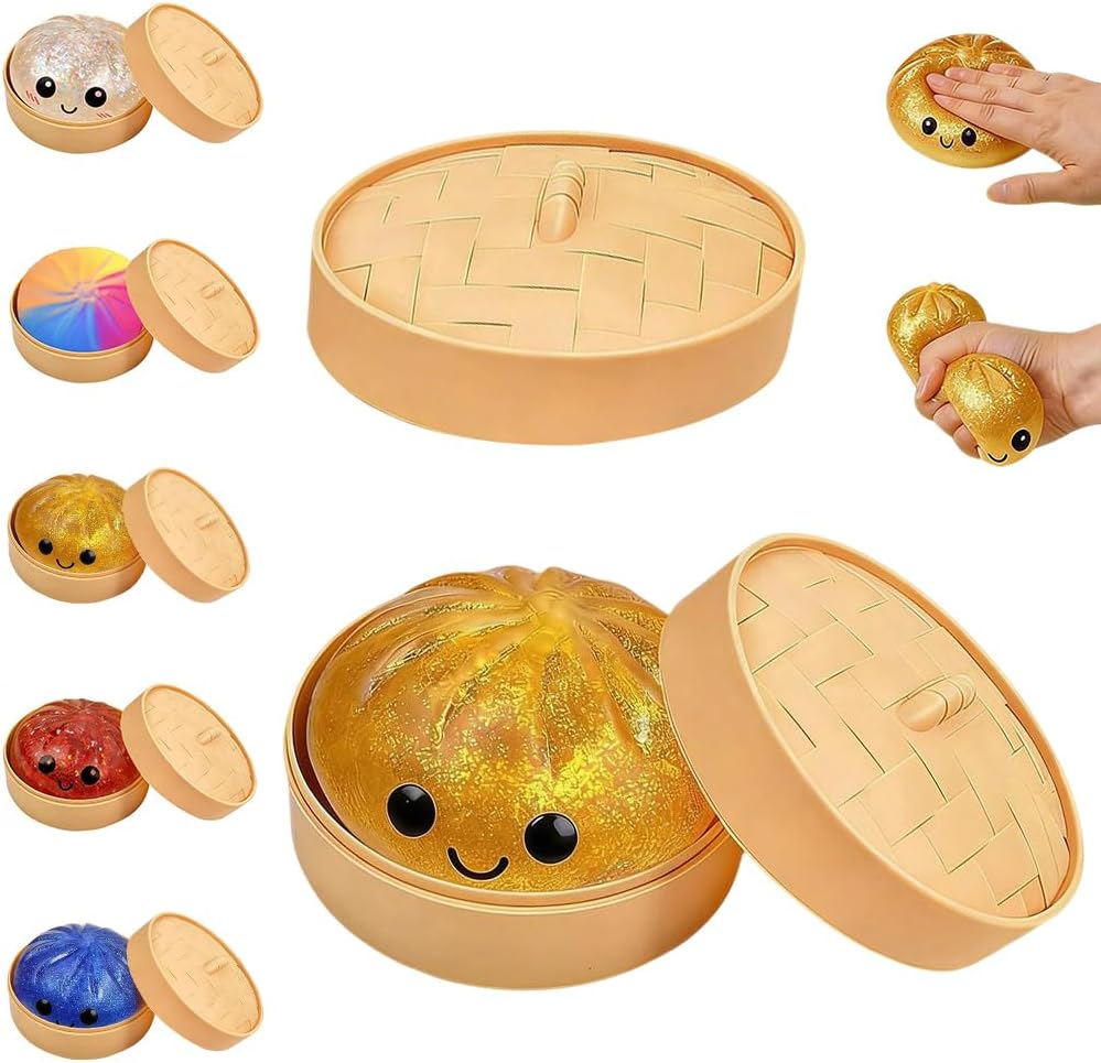 Wartleves glitter dumpling squishy in bamboo steamer front view
