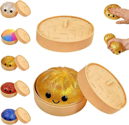 Wartleves glitter dumpling squishy in bamboo steamer front view