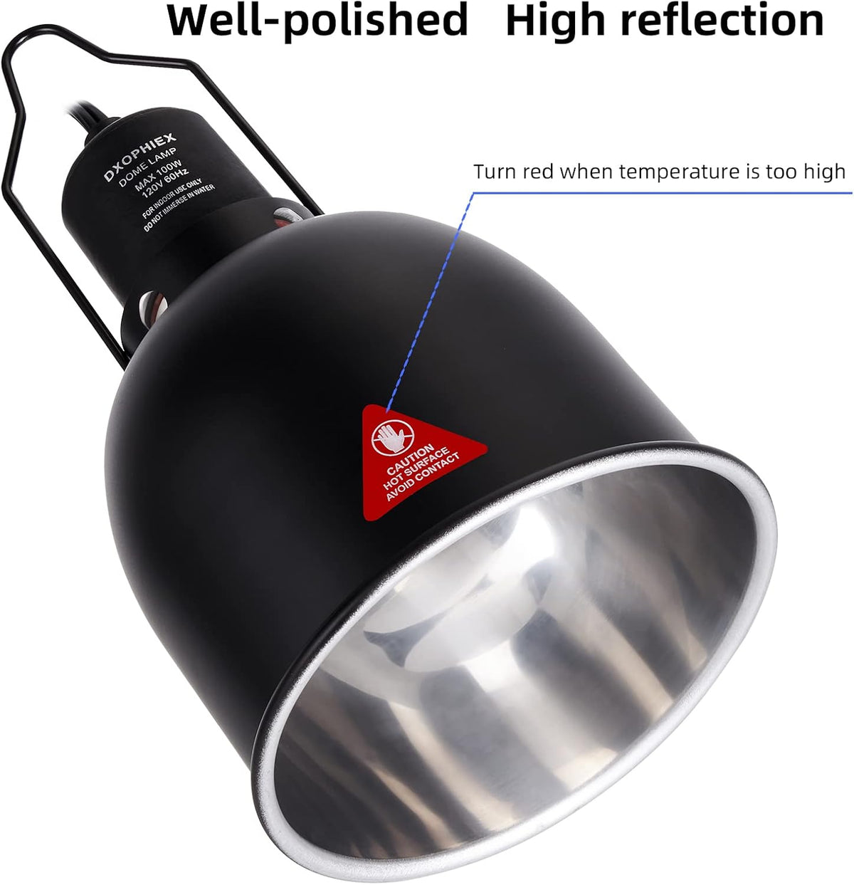 DXOPHIEX 100W maximum reptile lighting fixture displaying the integrated hanging hook and premium ceramic socket.