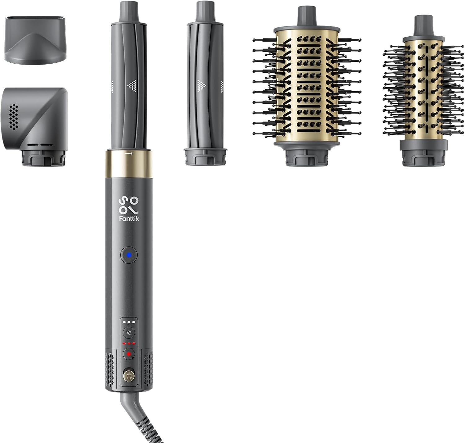 Fanttik Solo 6 in 1 AirWave multi-styler front view showing the sleek black and gold main power handle for home hair styling