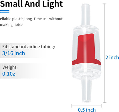 Red and clear plastic one way non return valve for standard airline tubing close up view.