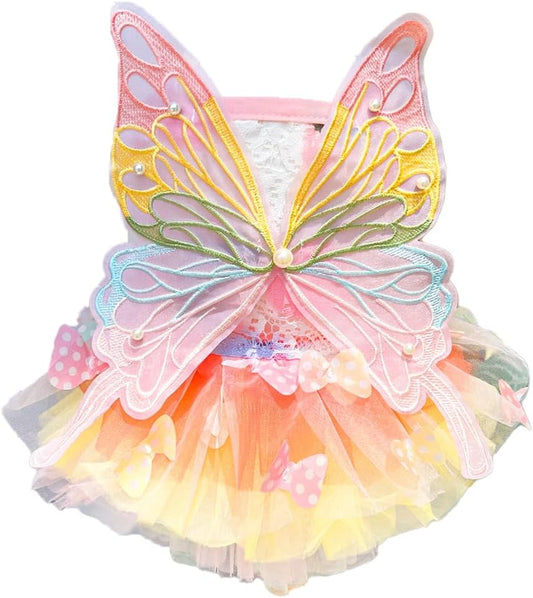 Maruomiki rainbow butterfly dog princess dress front view displaying vibrant tulle layers