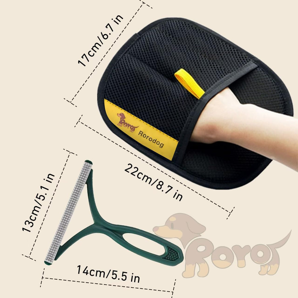 Rorodog pet hair remover gloves with lint tool on couch