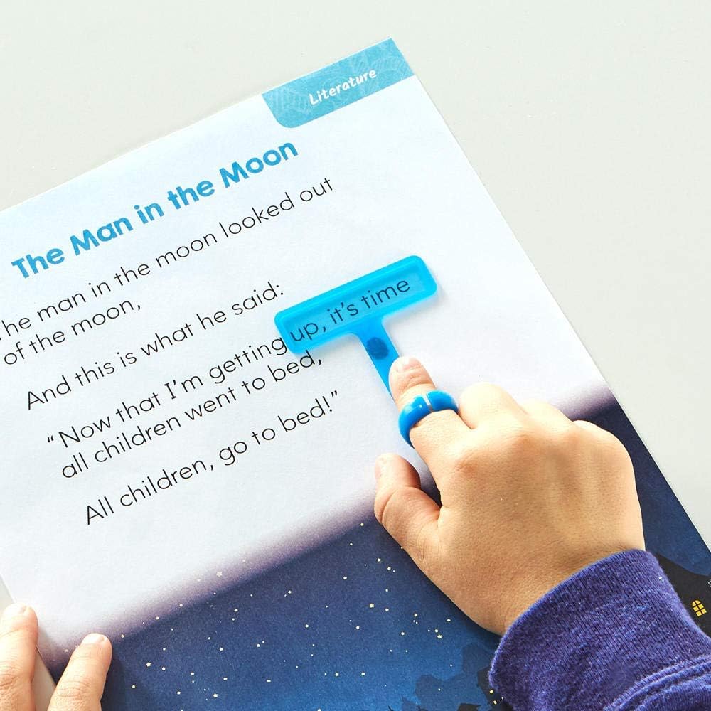 Adjustable finger ring from hand2mind reading tracker on a student finger