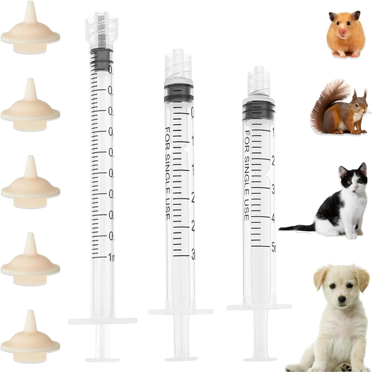 YIBIKEHO Pet Feeder Syringe Kit front view showing three syringes and five silicone nipples.