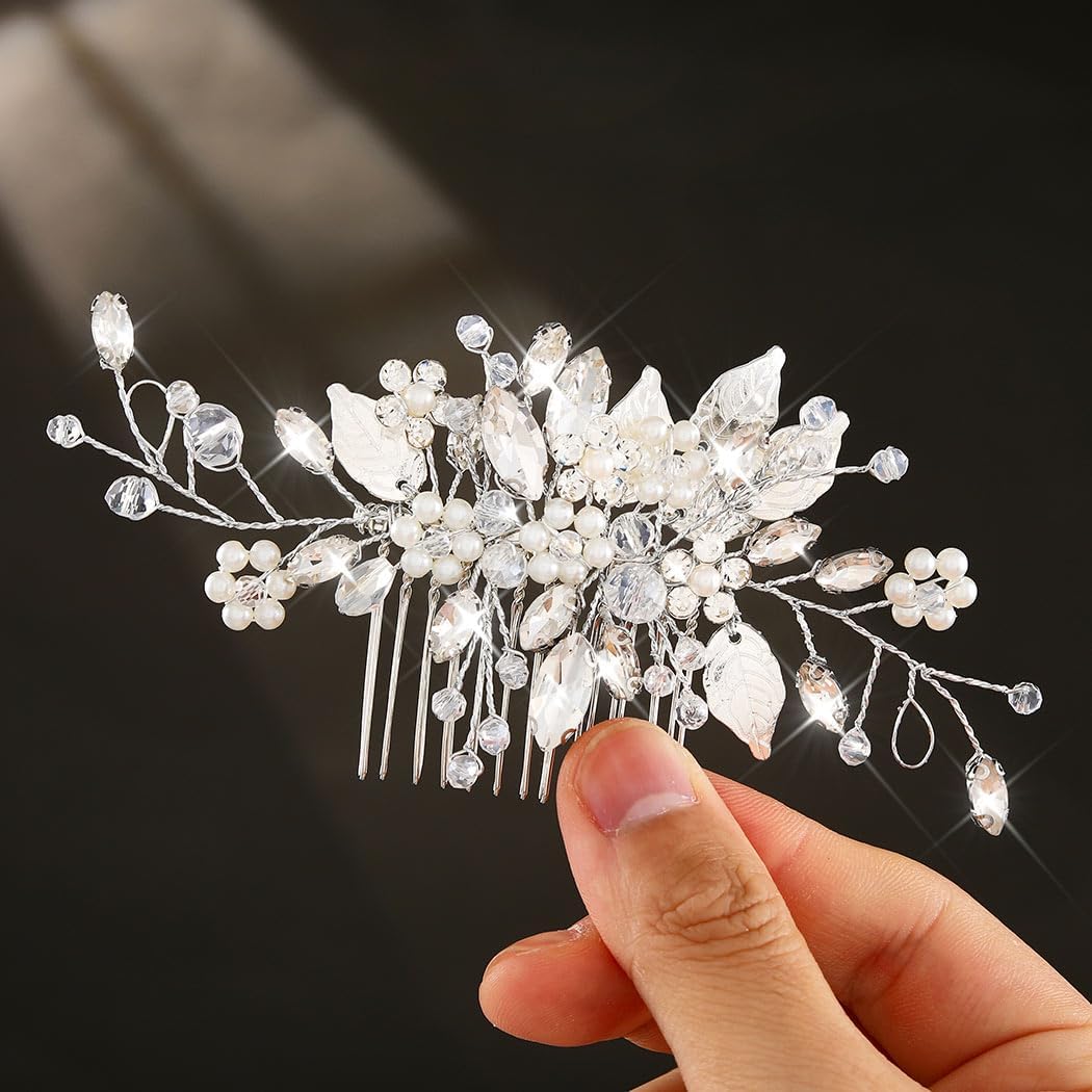 JEAIRTS crystal bridal hair comb front view showing silver pearl arrangement
