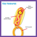 Brightkins pet training clicker with orange coil wrist strap for hands-free puppy obedience.