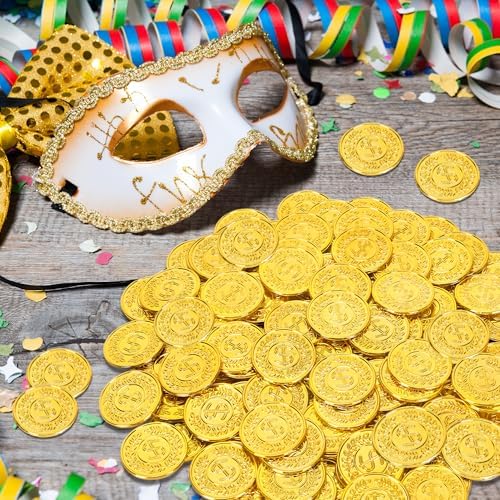 Fullive metallic gold plated pirate coins scattered near an adventure themed treasure chest.