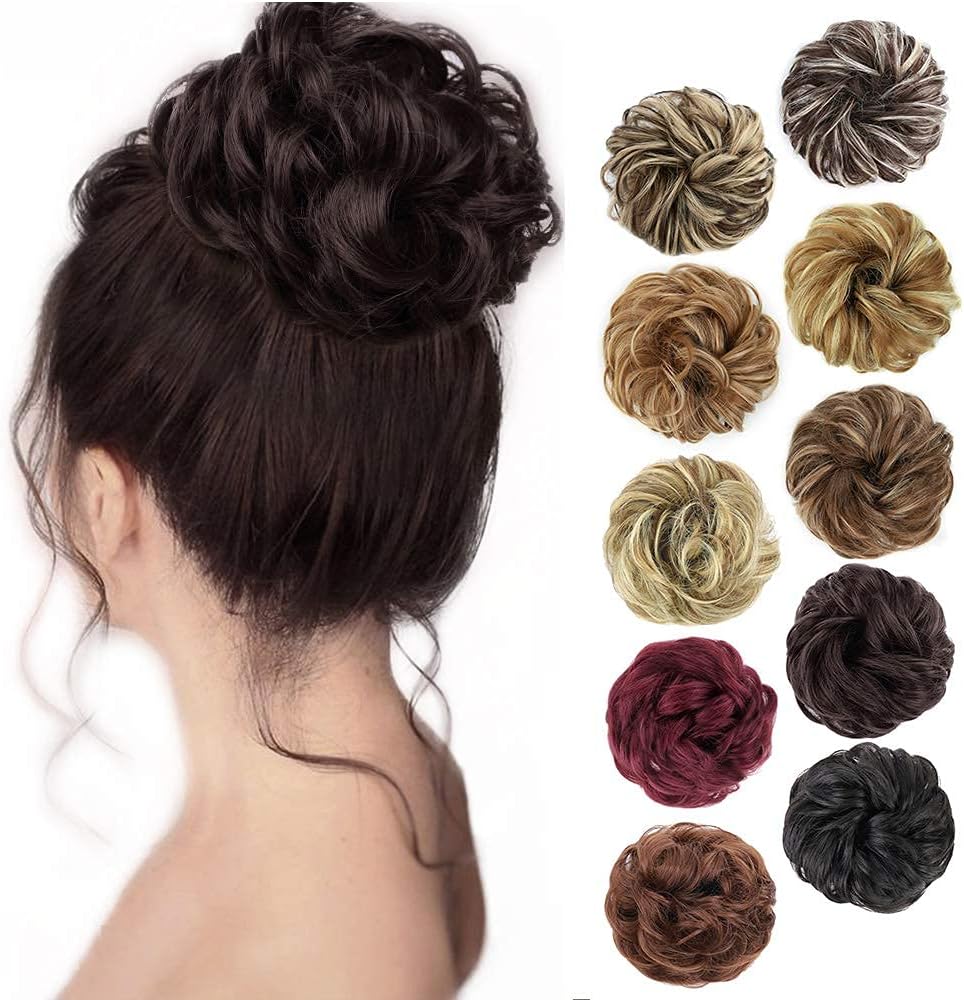 MORICA messy hair bun scrunchie extension front view showing dark brown curly waves.