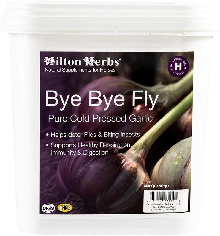 Hilton Herbs Bye Bye Fly Garlic Granules 4.4 pounds front view container showing horse supplement packaging