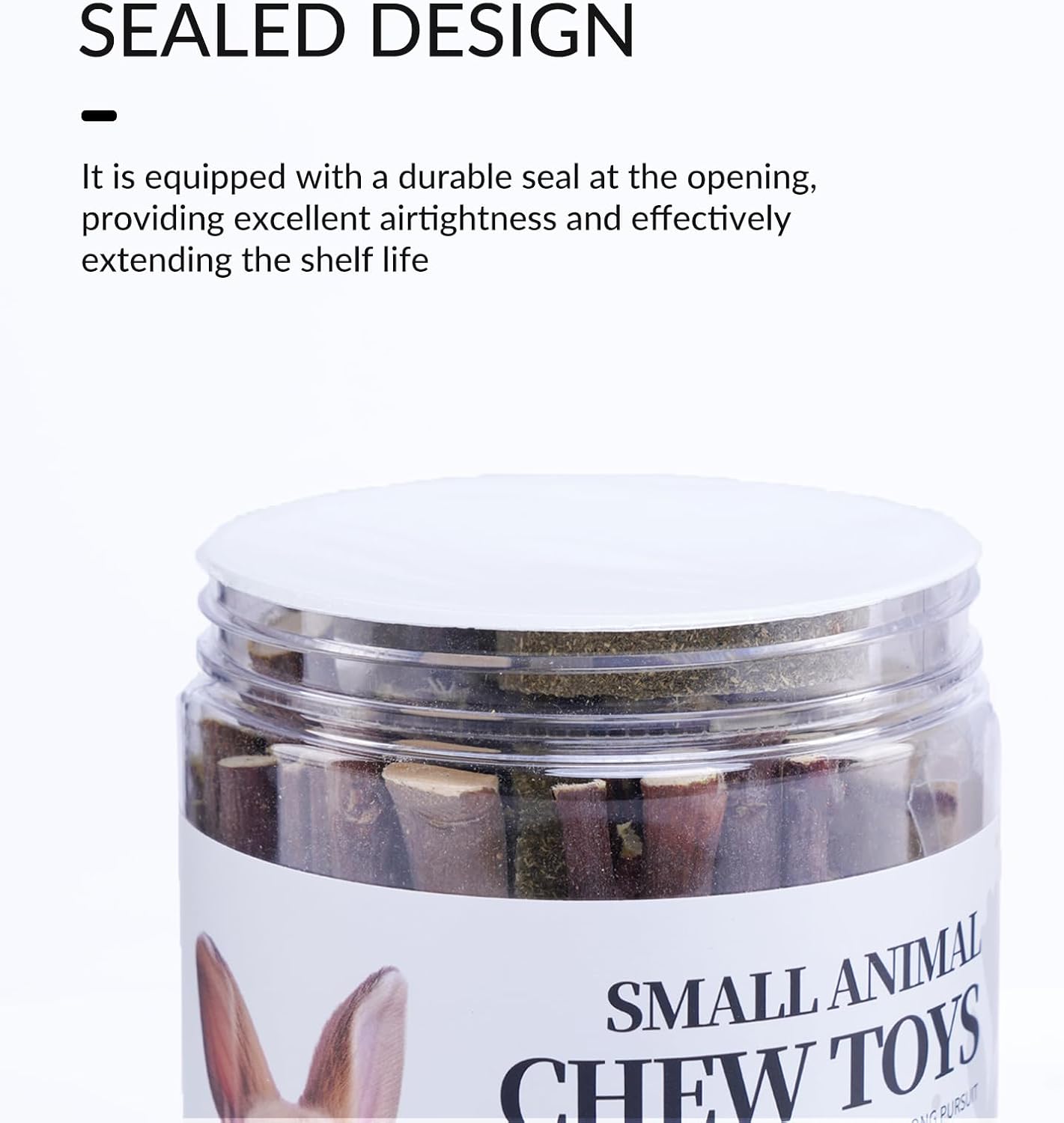 Airtight threaded lid container holding fifty to sixty pieces of bunny treats