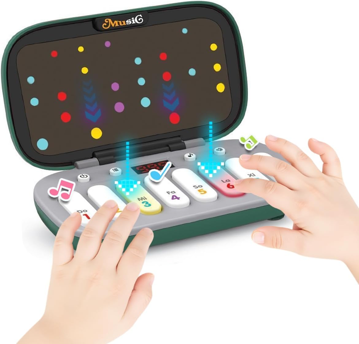 LYRZMY Kids Mini Piano Toy front view showing the green light up keyboard and LED screen