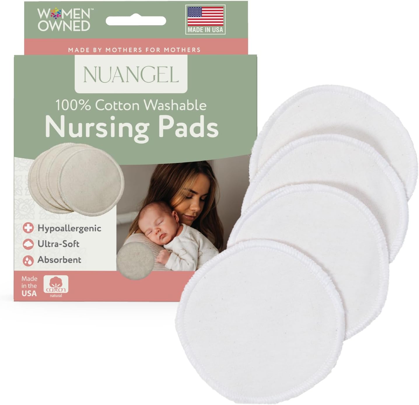 NuAngel 100% Cotton Washable Nursing Pads front view packaging